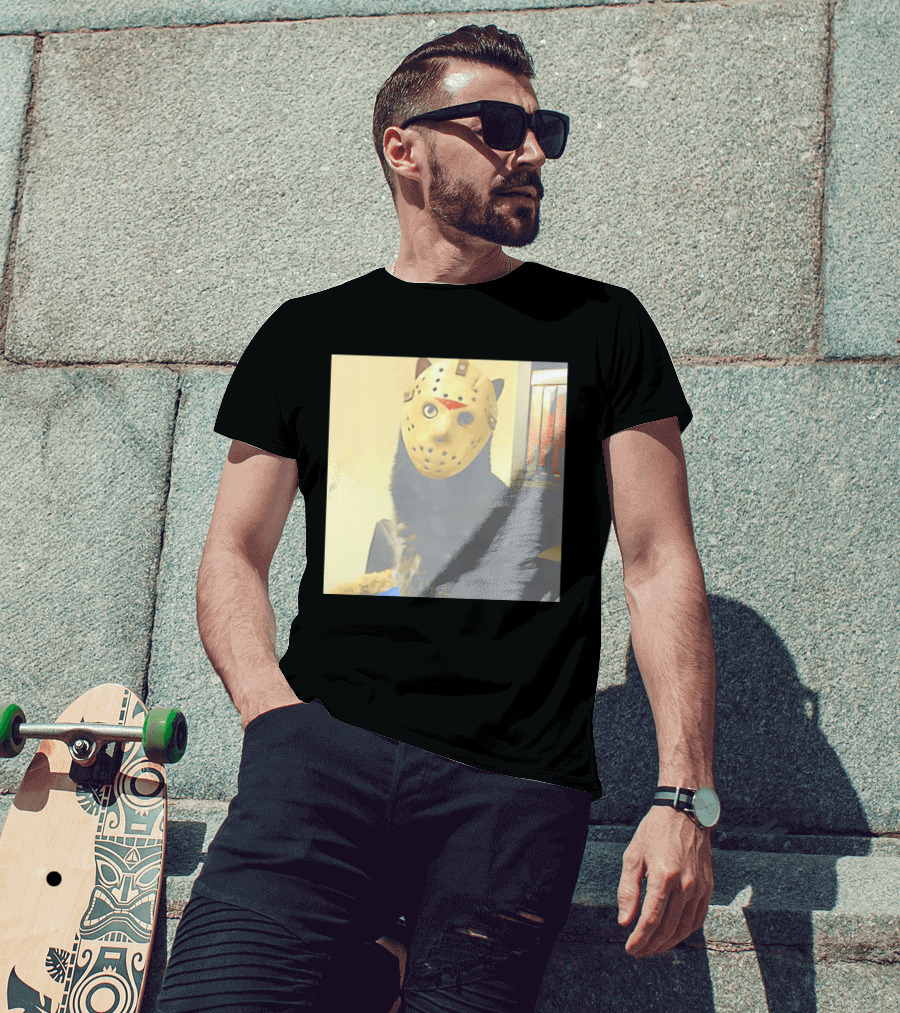 Black Cat In Horror Movie Jason Voorhees Mask T-Shirt