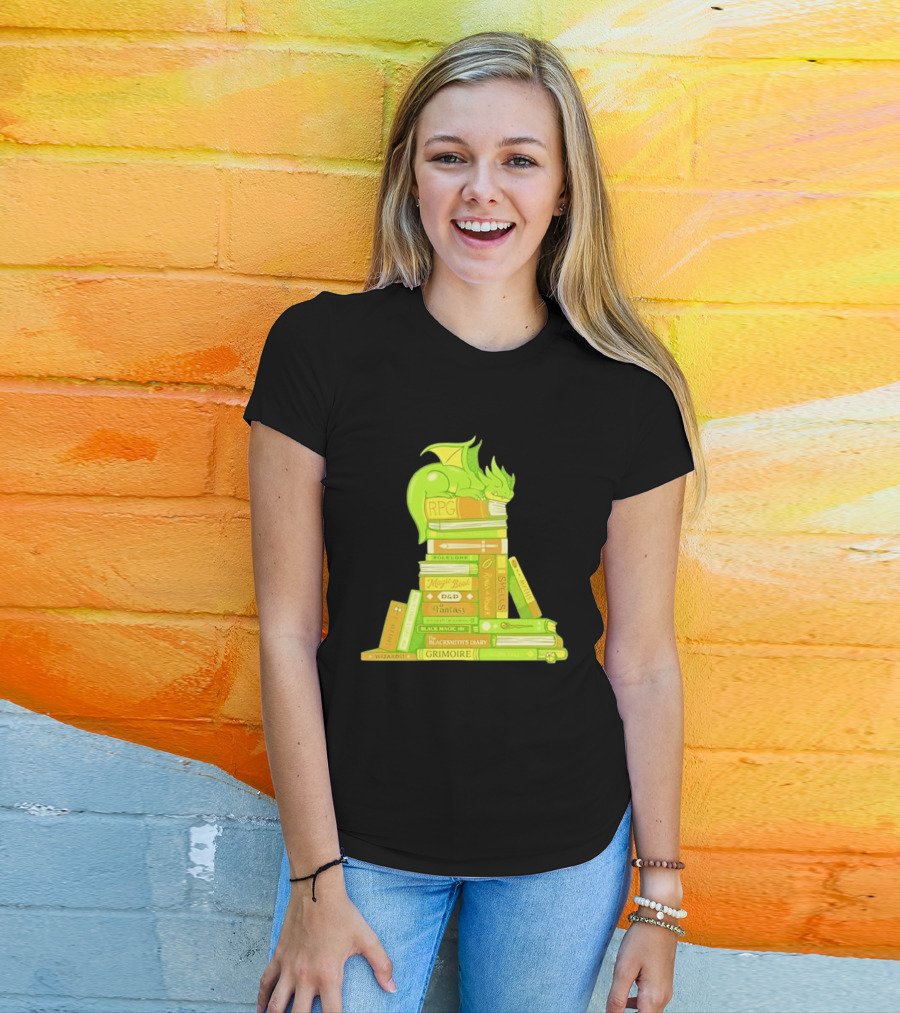 Sleeping Dragon On RPG Fantasy Magic Book Stack Grimoire Wizardry Tales T-Shirt