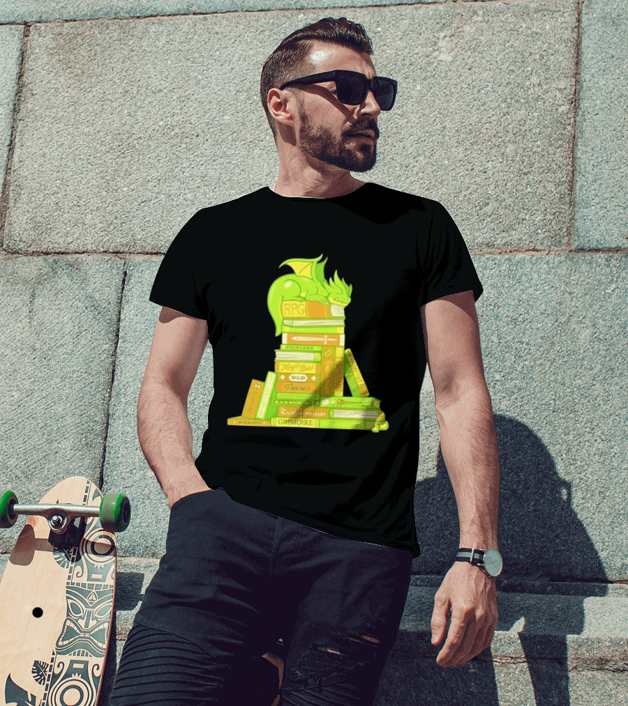 Sleeping Dragon On RPG Fantasy Magic Book Stack Grimoire Wizardry Tales T-Shirt