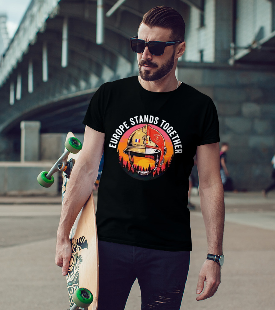 Europe Stands Together Sapeurs Pompiers Bomberos Espana Firefighter Helmet Forest Sunset T-Shirt