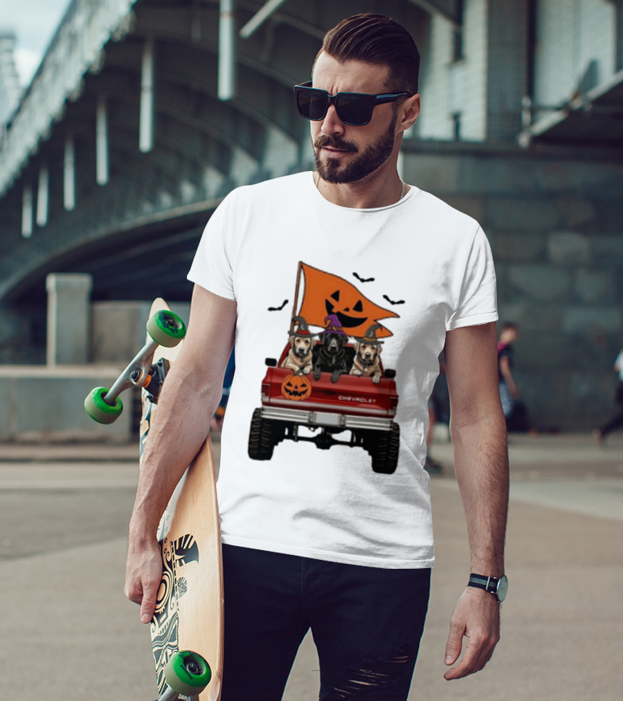 Chevrolet Halloween Dogs In Truck With Pumpkin And Bats T-Shirt