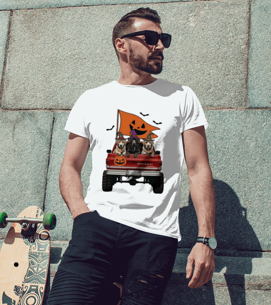 Chevrolet Halloween Dogs In Truck With Pumpkin And Bats T-Shirt