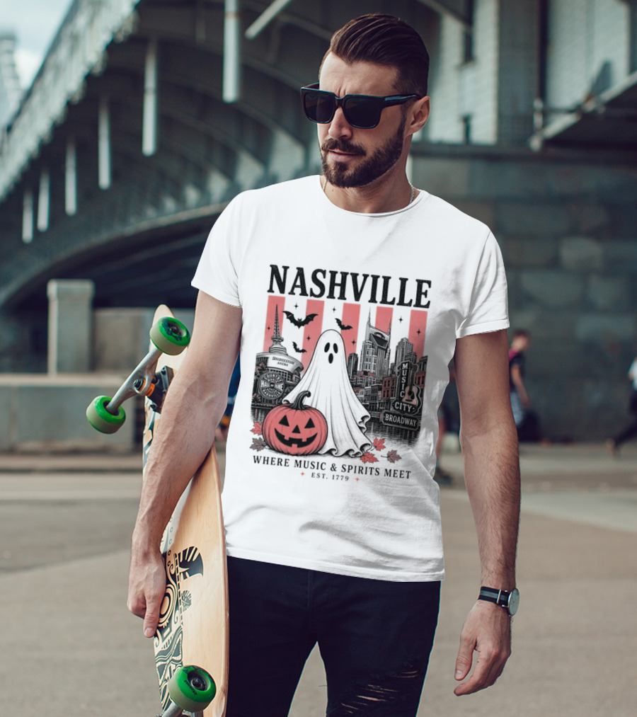 Nashville Halloween Ghost Music Spirits Skyline Pumpkin Bats T-Shirt