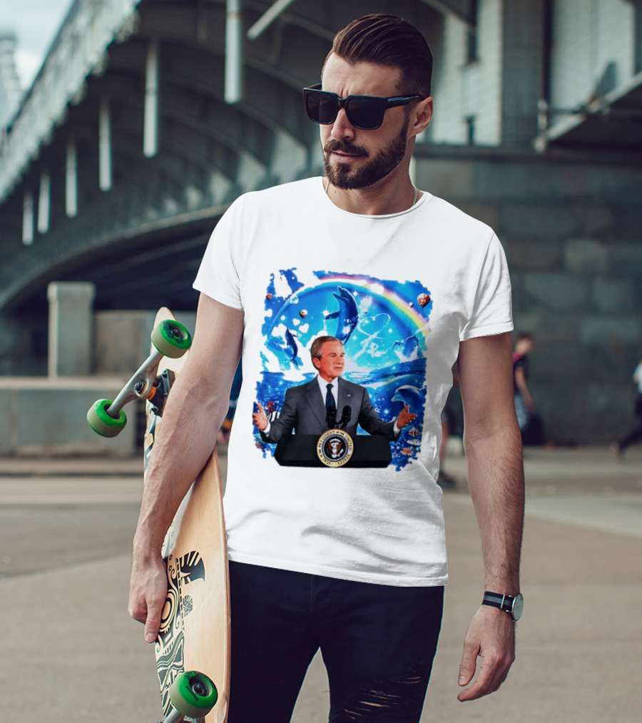George W Bush Dolphins Coexist Peacefully With Rainbow And Ocean Scene T-Shirt
