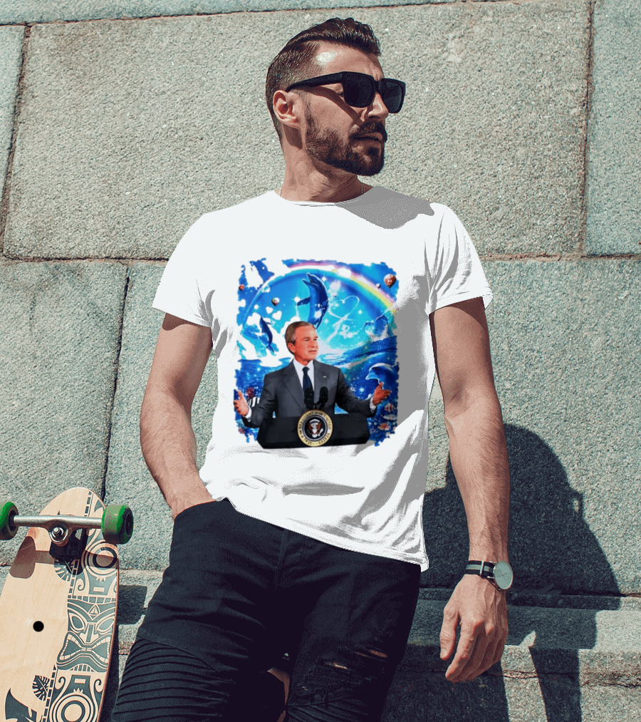 George W Bush Dolphins Coexist Peacefully With Rainbow And Ocean Scene T-Shirt
