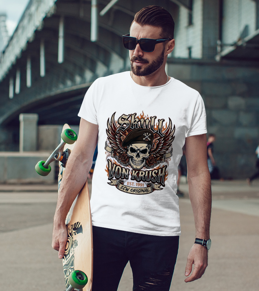 Skull Von Krush SVK Est 1991 ECW Original Flame Wings Roses T-Shirt