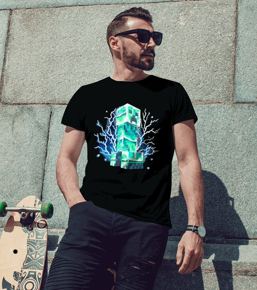 Charged Creeper Lightning Pixelated Monster Gaming Adventure T-Shirt