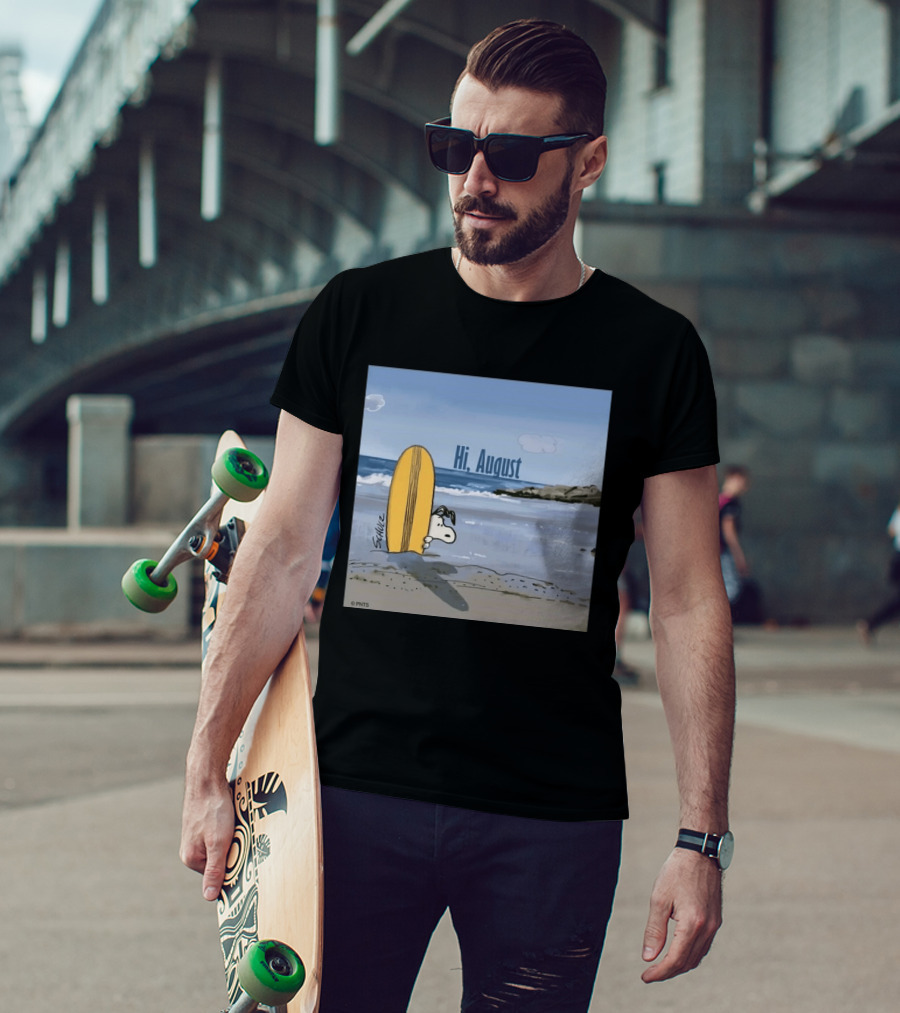 Snoopy Hi August Surfboard Beach Scene By Schulz T-Shirt