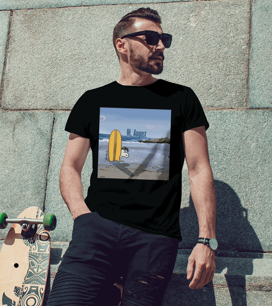 Snoopy Hi August Surfboard Beach Scene By Schulz T-Shirt