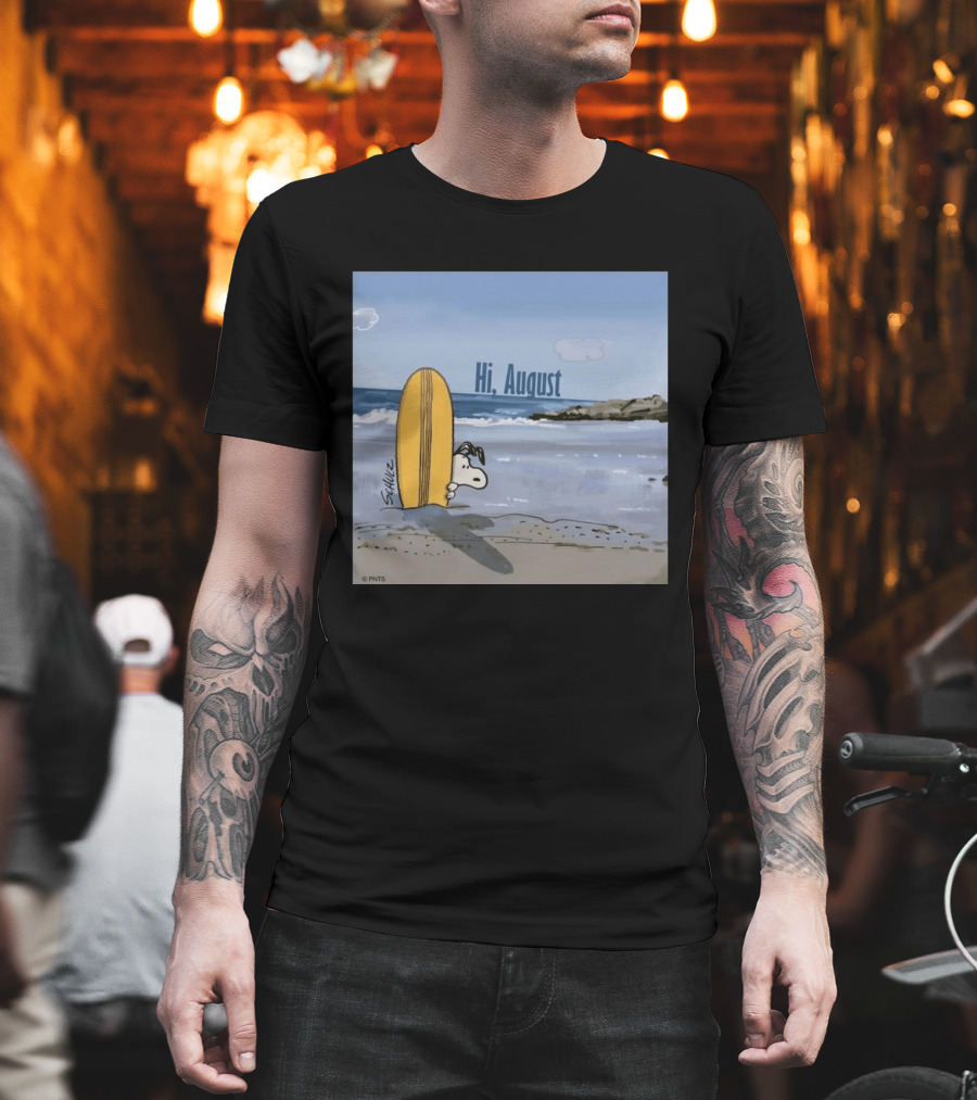 Snoopy Hi August Surfboard Beach Scene By Schulz T-Shirt