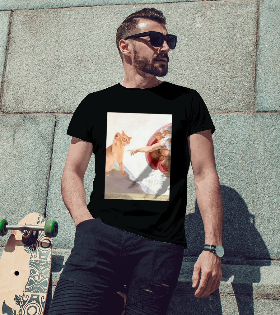 The Creation Of Adam With A Cat By Michelangelo T-Shirt