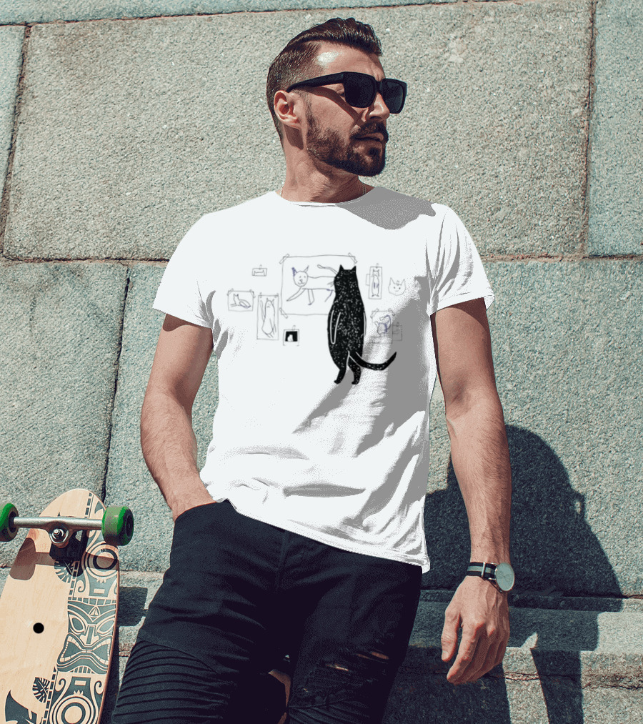 Black Cat Observing Doodle Drawings Of Cats T-Shirt