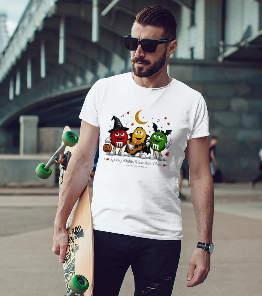 M&M's Spooky Nights & Satellite Vibes Halloween Pumpkin Witch Guitar Bat Moon T-Shirt