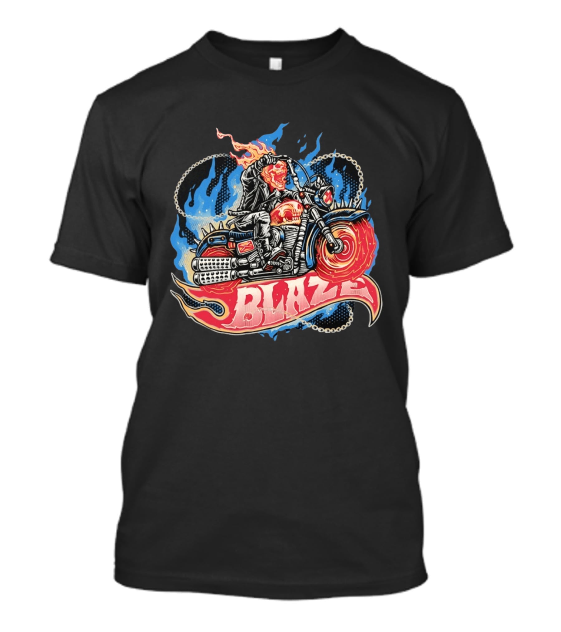 Blaze Flaming Skull Motorcycle Rider Blue Flame T-Shirt