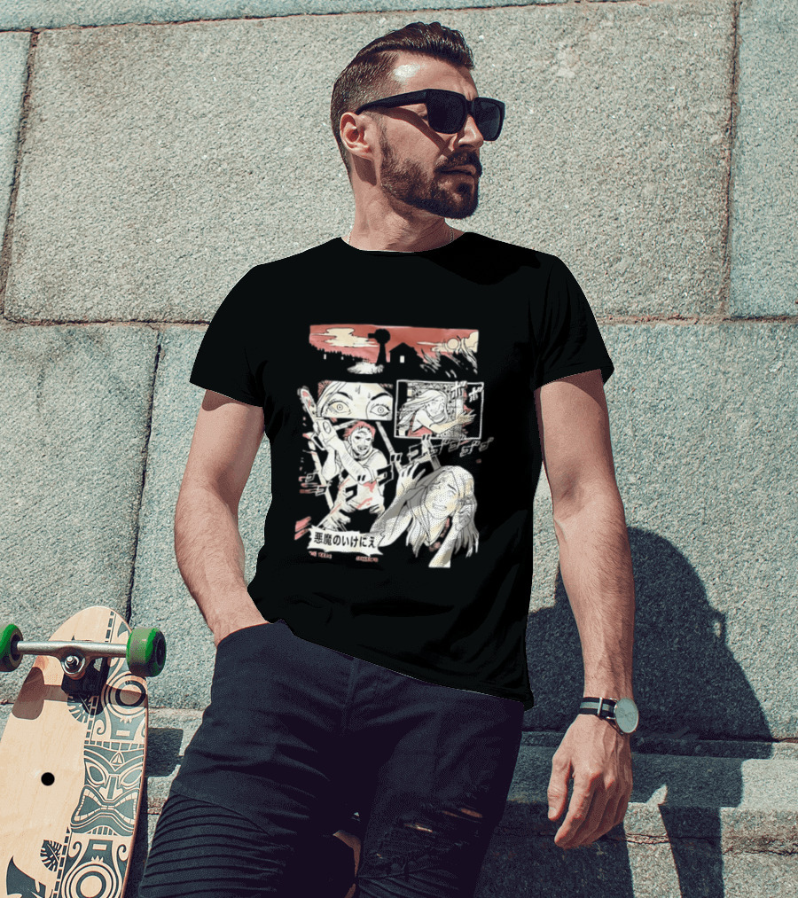 The Texas Chain Saw Massacre Manga Horror Panel With Japanese Text And Chainsaw Action T-Shirt