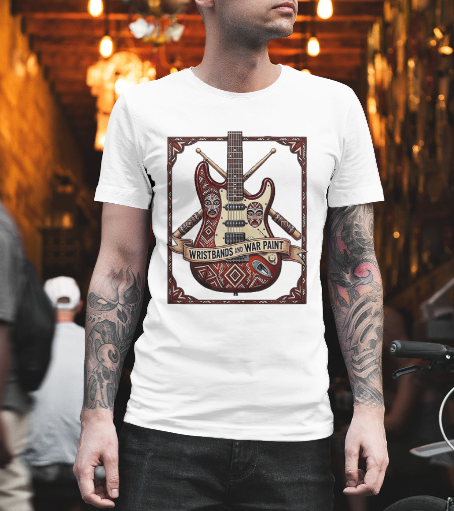 Wristbands And War Paint Electric Guitar Tribal Mask T-Shirt