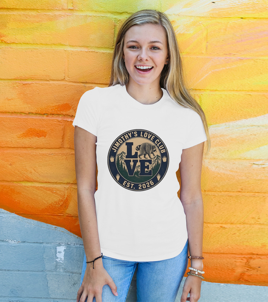 Jimothy's Love Club Raccoon Love Est 2026 Mountain Shield T-Shirt
