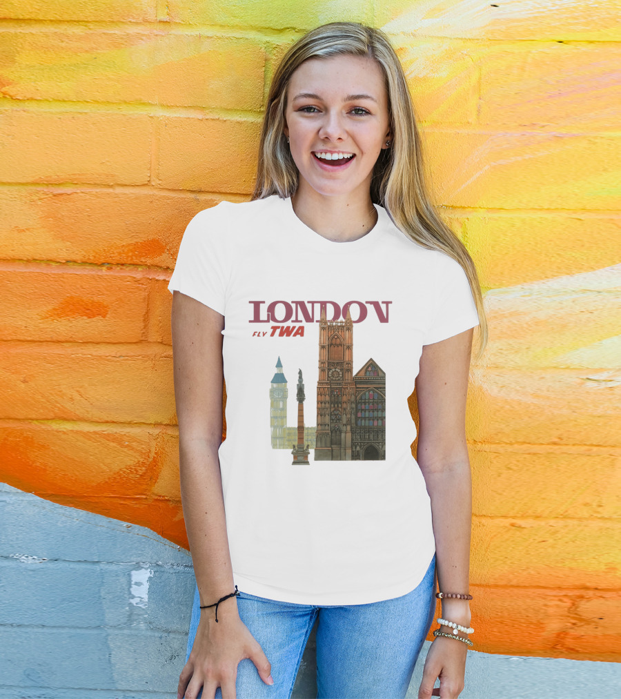 London Fly TWA Travel Big Ben Westminster Abbey Landmark T-Shirt