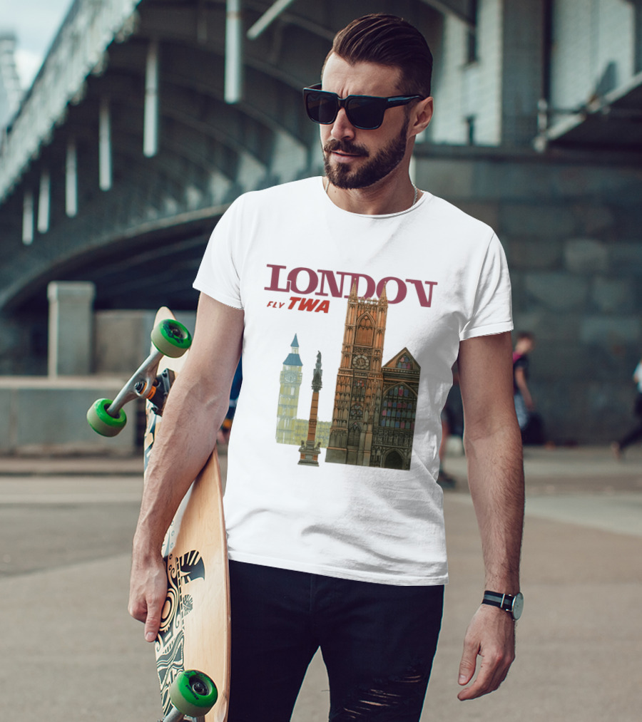 London Fly TWA Travel Big Ben Westminster Abbey Landmark T-Shirt