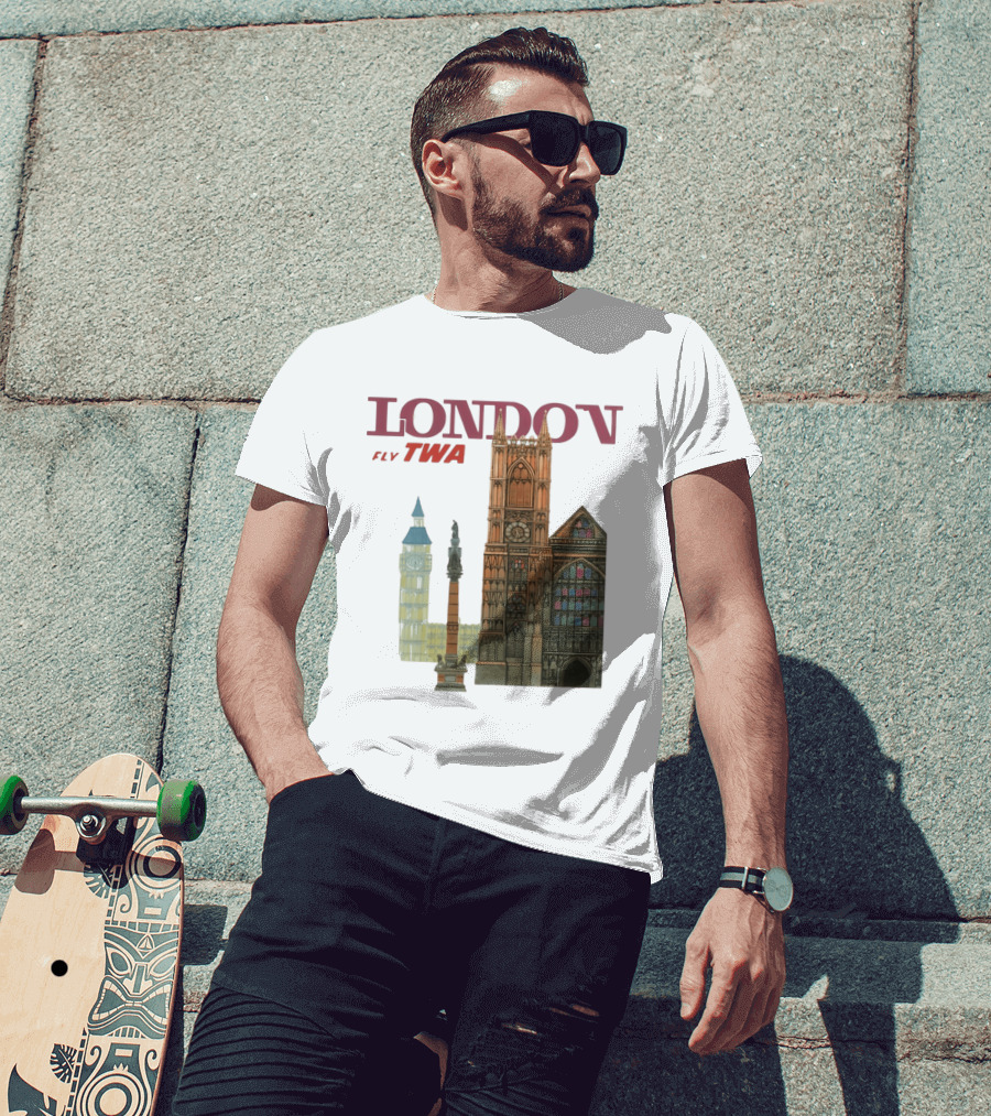 London Fly TWA Travel Big Ben Westminster Abbey Landmark T-Shirt