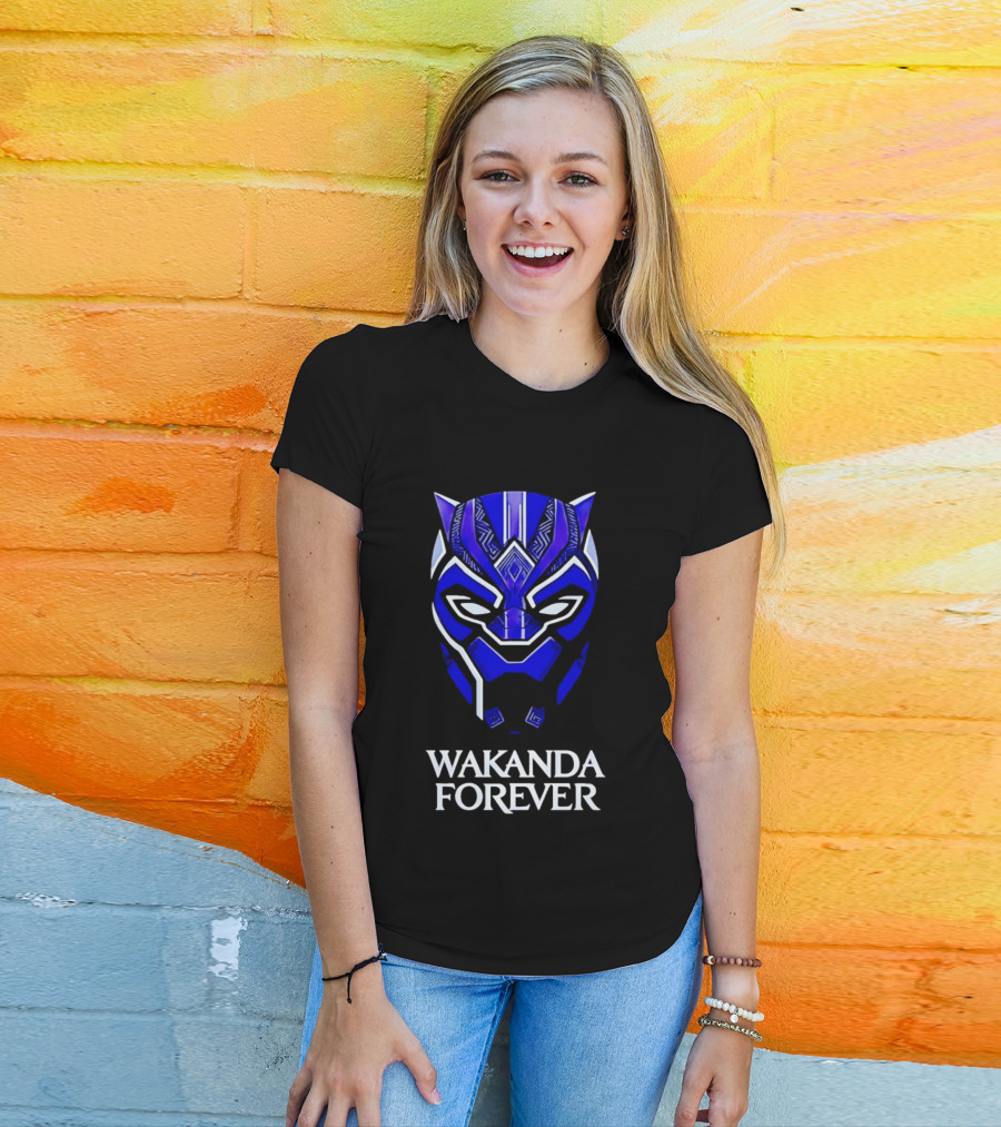 Wakanda Forever Blue Black Panther Mask Marvel T-Shirt