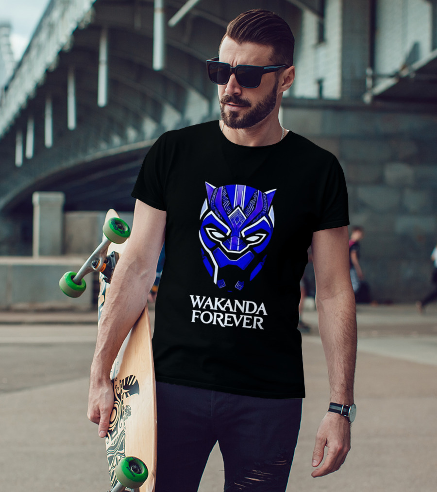 Wakanda Forever Blue Black Panther Mask Marvel T-Shirt