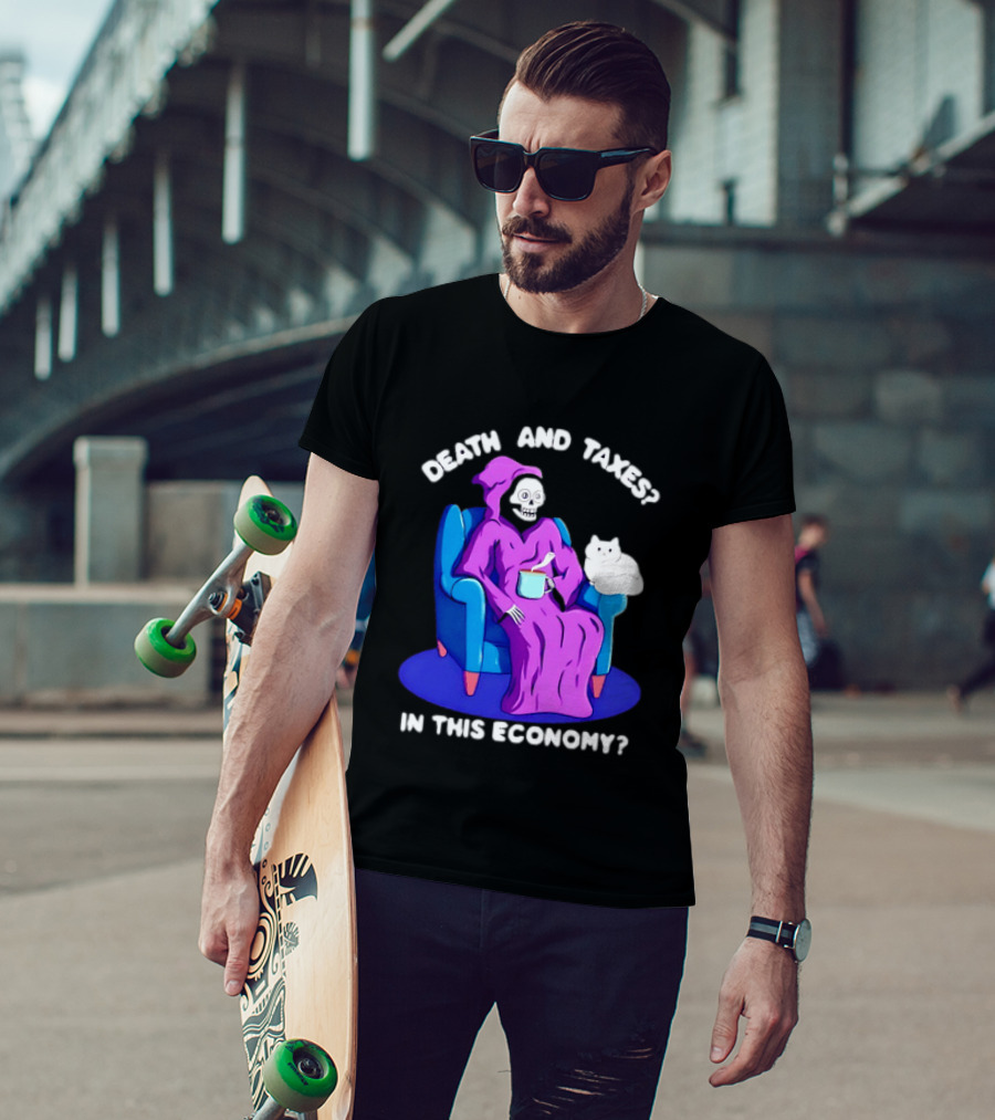 Death And Taxes Grim Reaper With Cat In This Economy T-Shirt