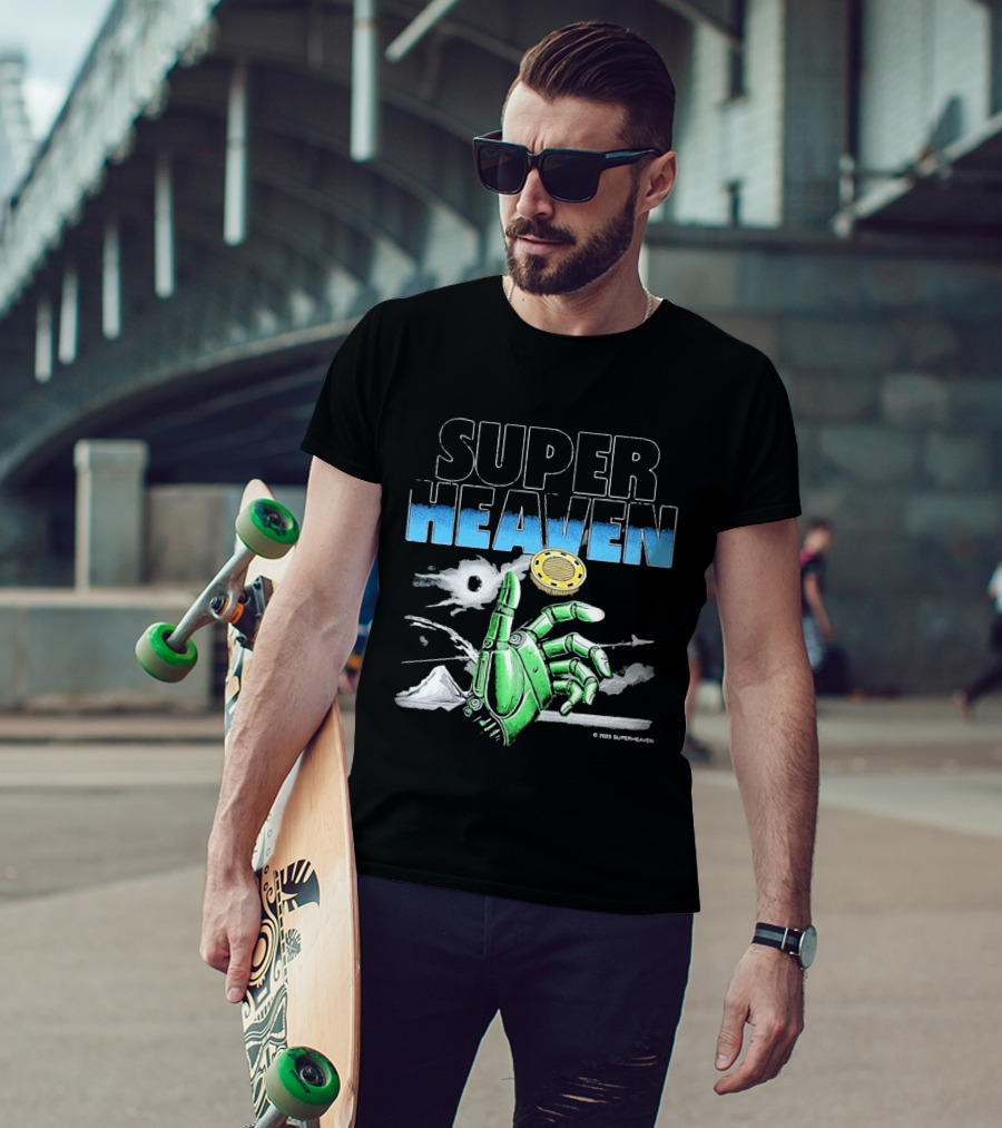 Superheaven Robotic Hand Space Adventure Coin And Mountain Scene T-Shirt
