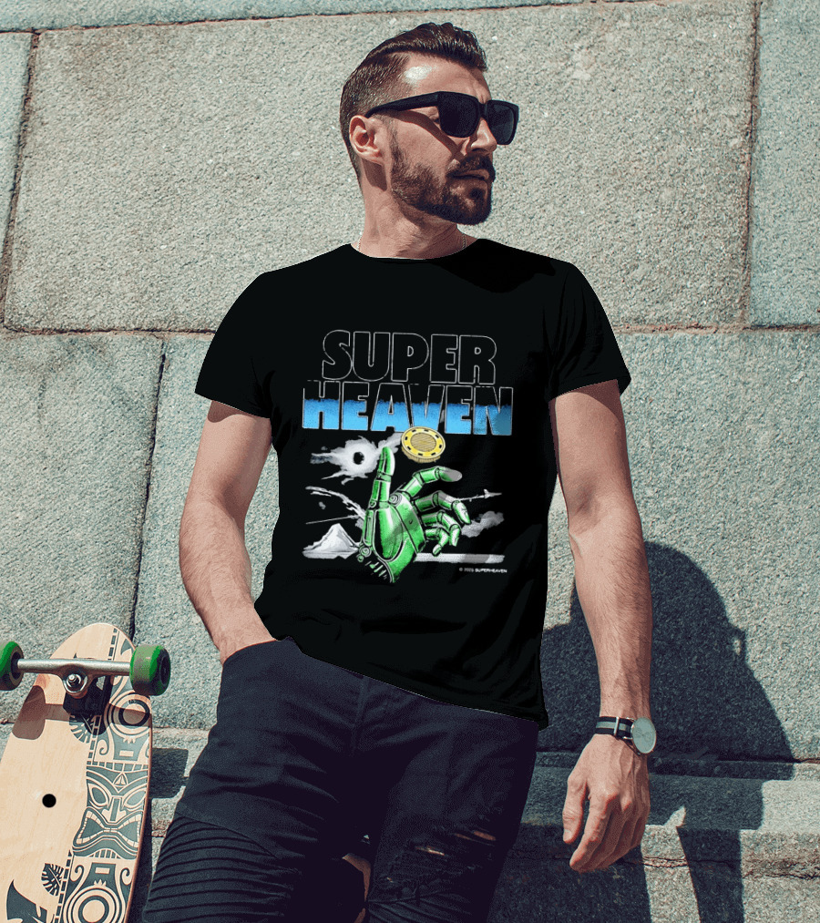 Superheaven Robotic Hand Space Adventure Coin And Mountain Scene T-Shirt