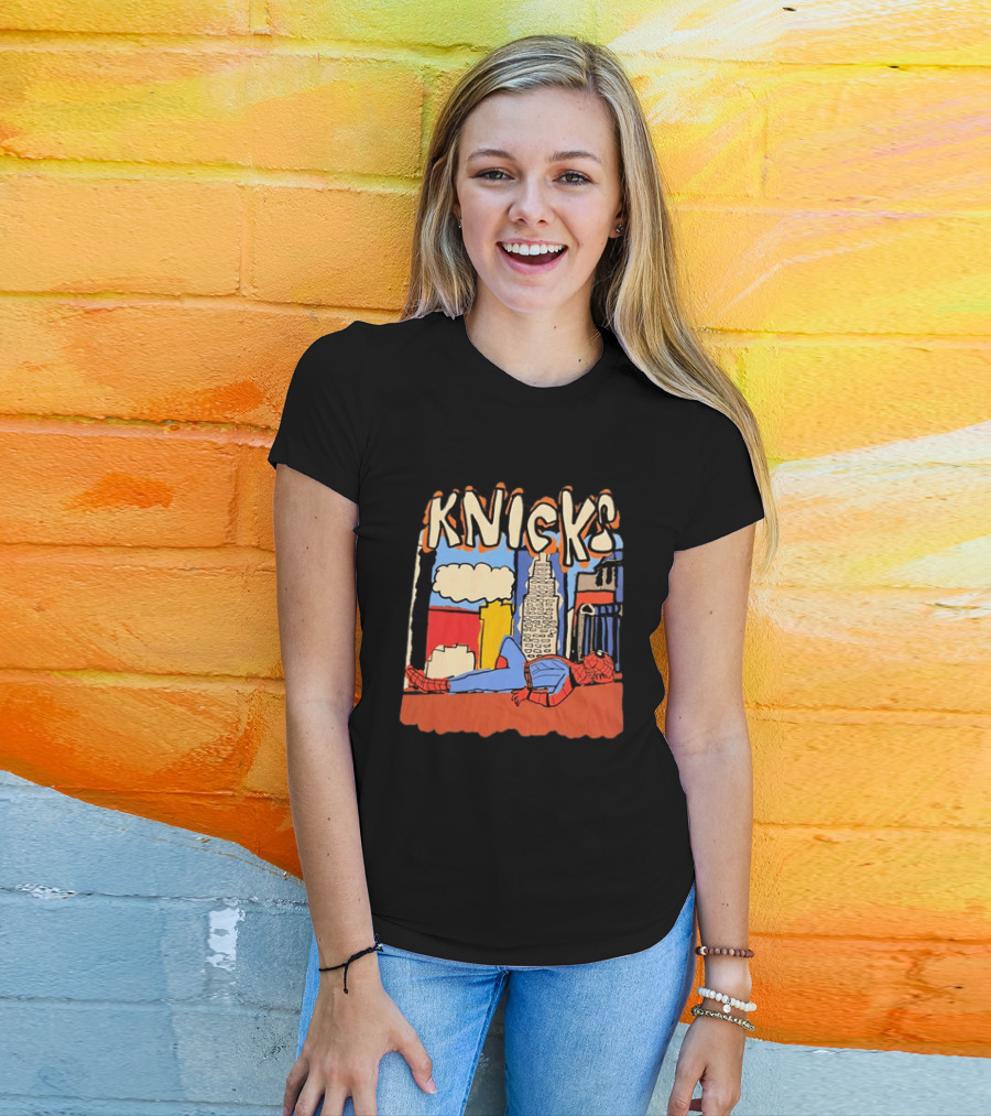 New York Knicks Spiderman Marvel NBA Basketball Skyline T-Shirt