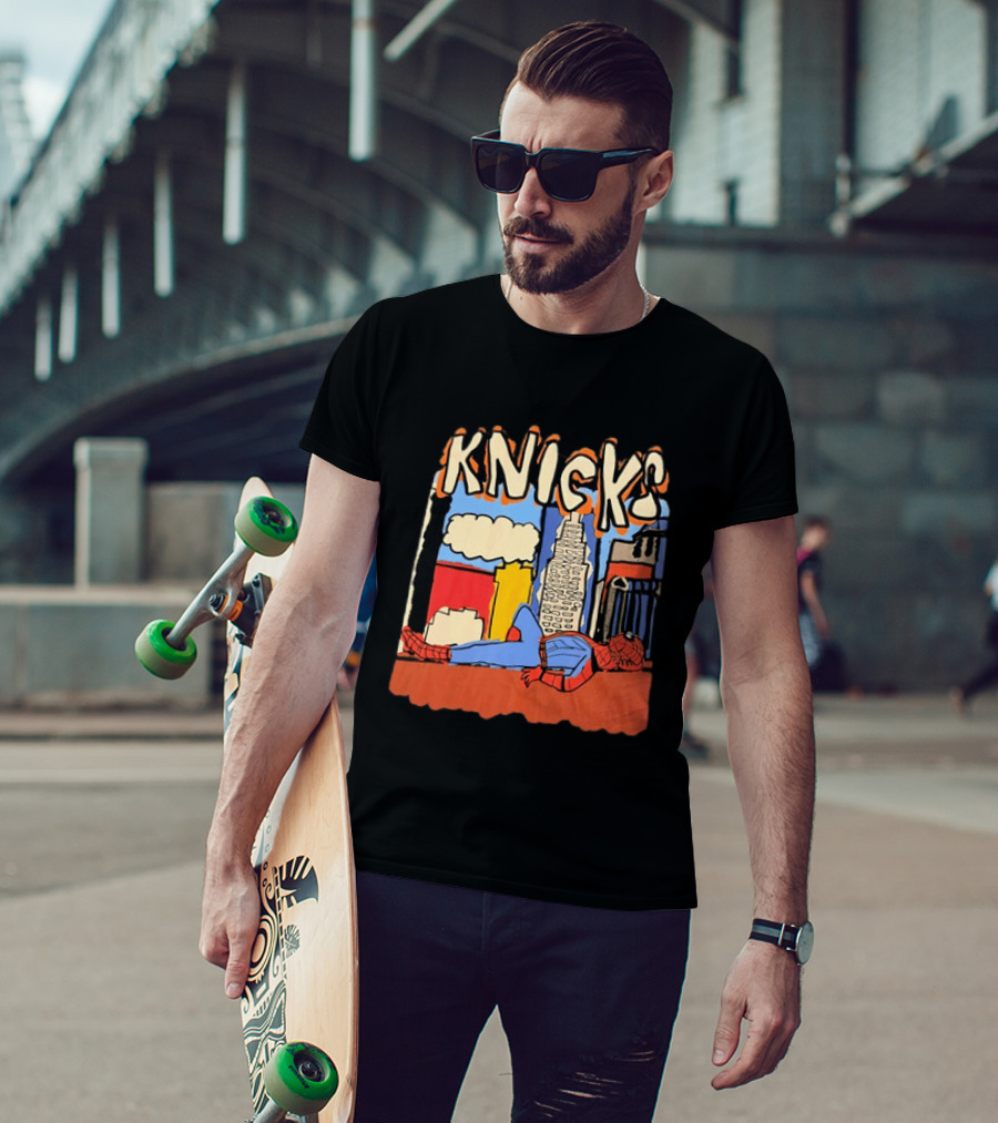 New York Knicks Spiderman Marvel NBA Basketball Skyline T-Shirt