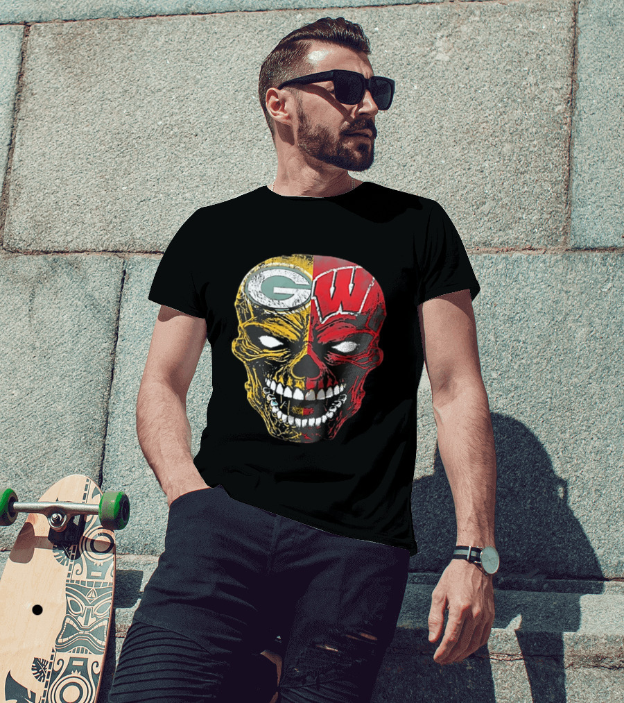 Wisconsin Green Bay Packers Badgers G W Skull Black T-Shirt