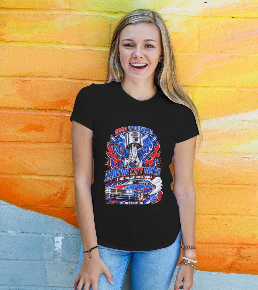 2026 Woodward Motor City Drive Blue Collar Horsepower Detroit MI M1 T-Shirt