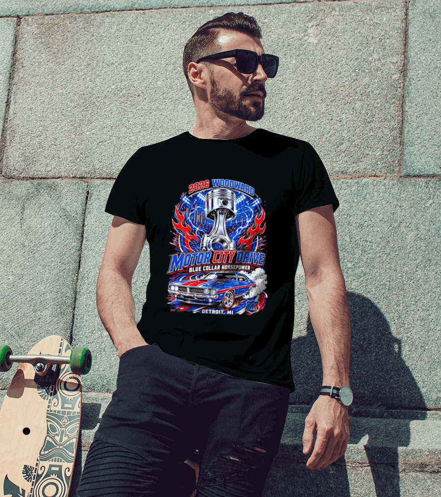 2026 Woodward Motor City Drive Blue Collar Horsepower Detroit MI M1 T-Shirt