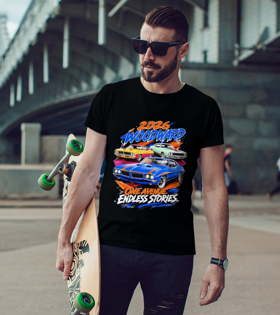 2026 Woodward One Avenue Endless Stories Muscle Car T-Shirt