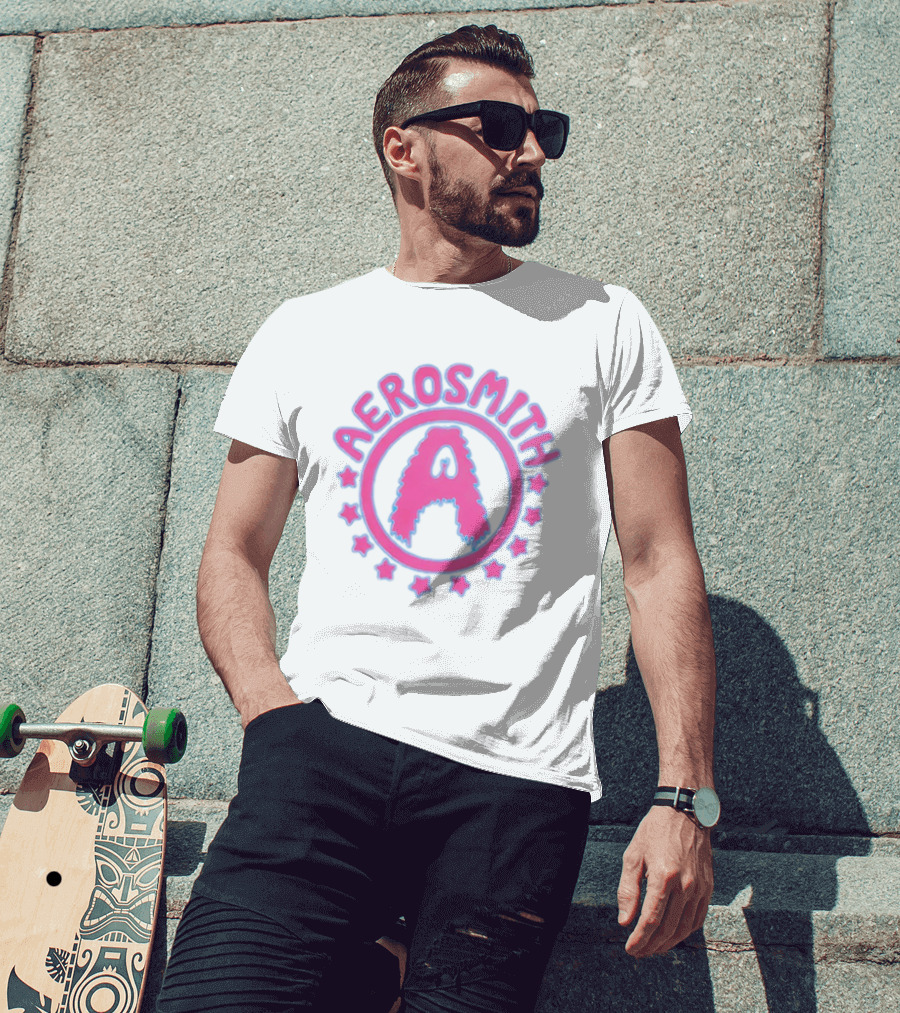 Aerosmith Retro Band Emblem Pink Blue Stars T-Shirt