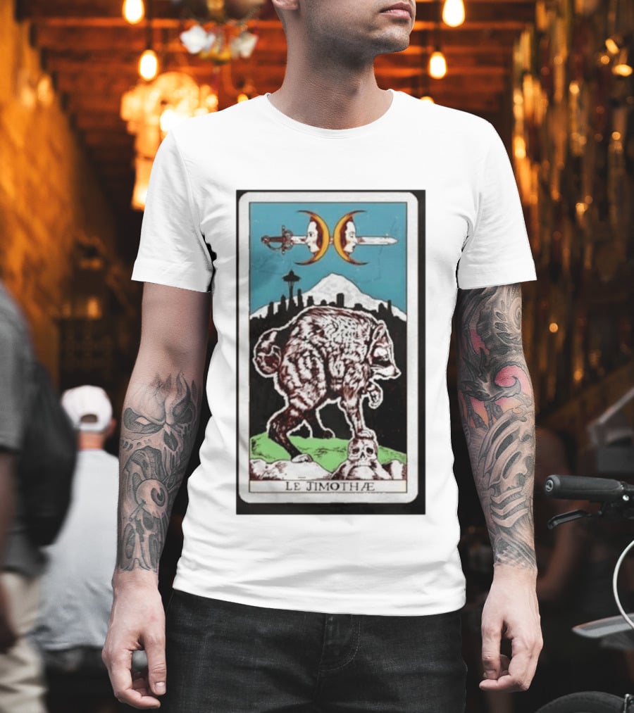 Le Jimothae Raccoon Tarot Seattle Skyline Moon Swords T-Shirt