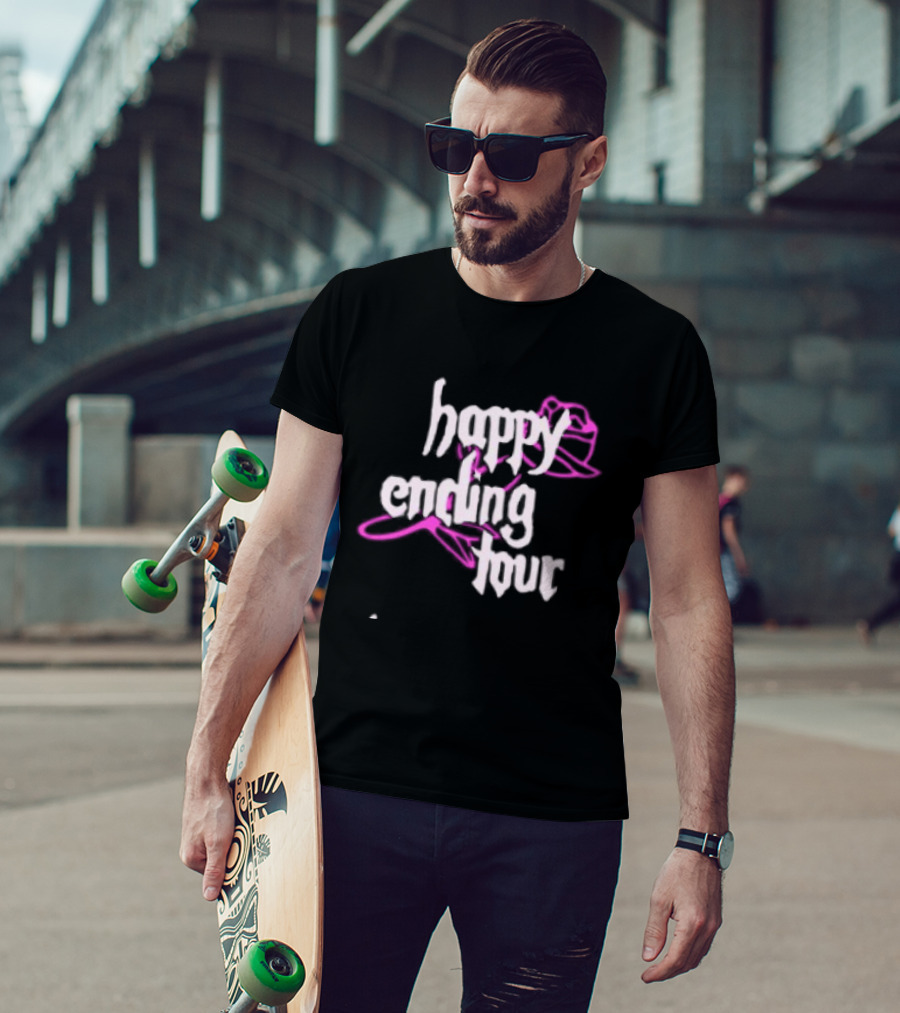 Bailey Rose Spinn Store Happy Ending Tour Trucker Hat Pink And White T-Shirt