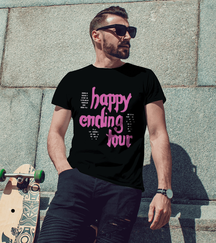 Bailey Rose Spinn Store Happy Ending Tour Pink Text With Date Locations T-Shirt