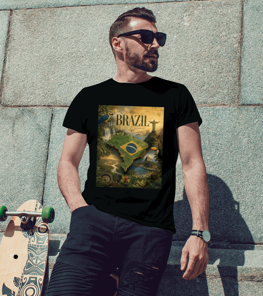 Brazil A Land Of Wonder Ordem E Progresso Christ The Redeemer Amazon Rainforest Toucan Macaw Waterfalls T-Shirt