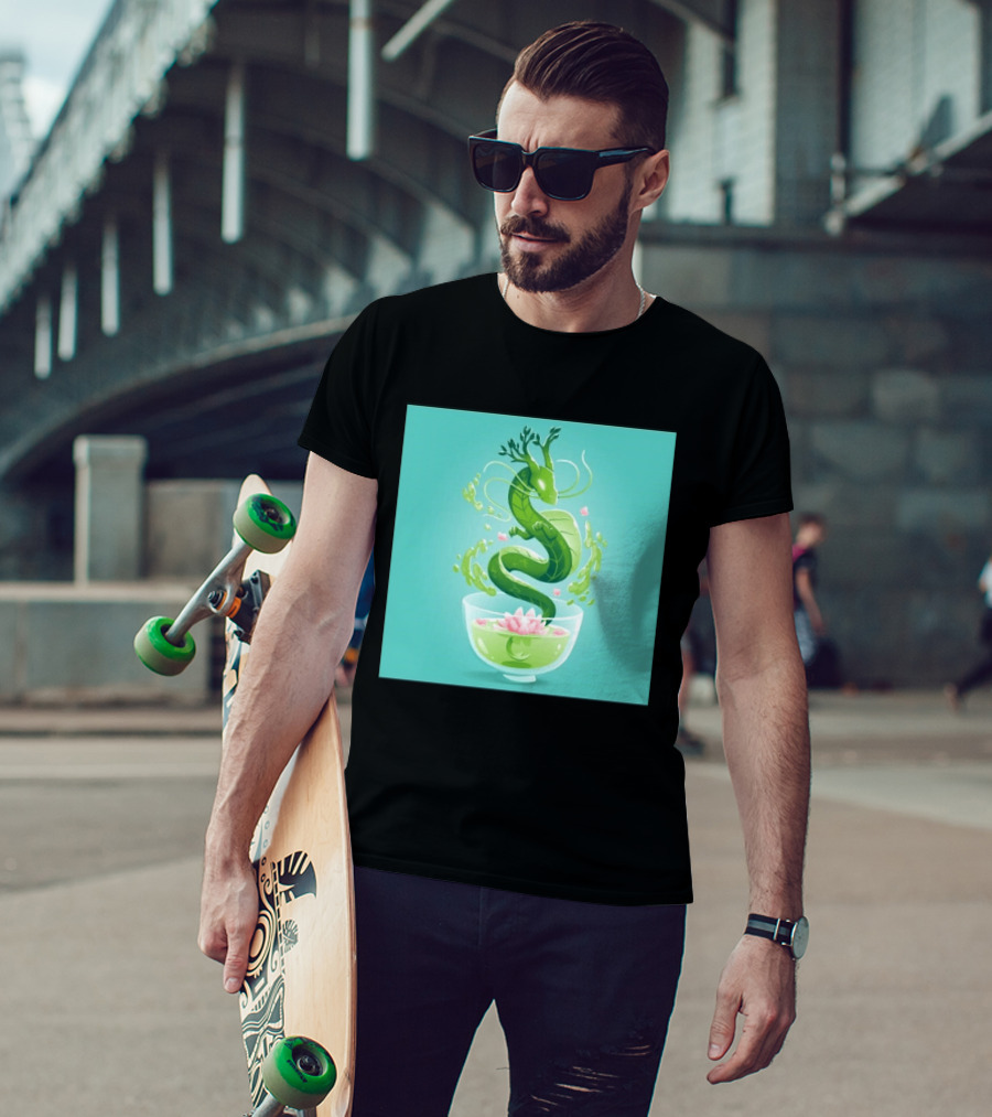 Green Tea Dragon In Teacup With Blossoms And Leaves T-Shirt