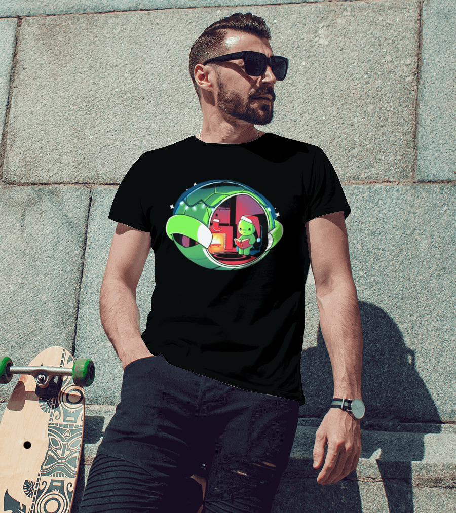 Christmas Turtle Cozy Holiday Scene With Santa Hat And Fireplace T-Shirt