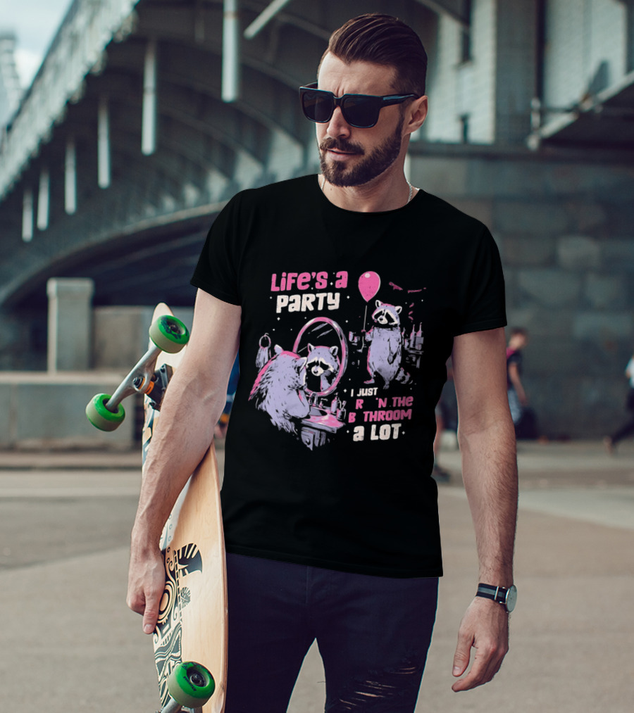 Raccoon Life's A Party I Just Cry In The Bathroom A Lot Balloon Mirror Reflection T-Shirt