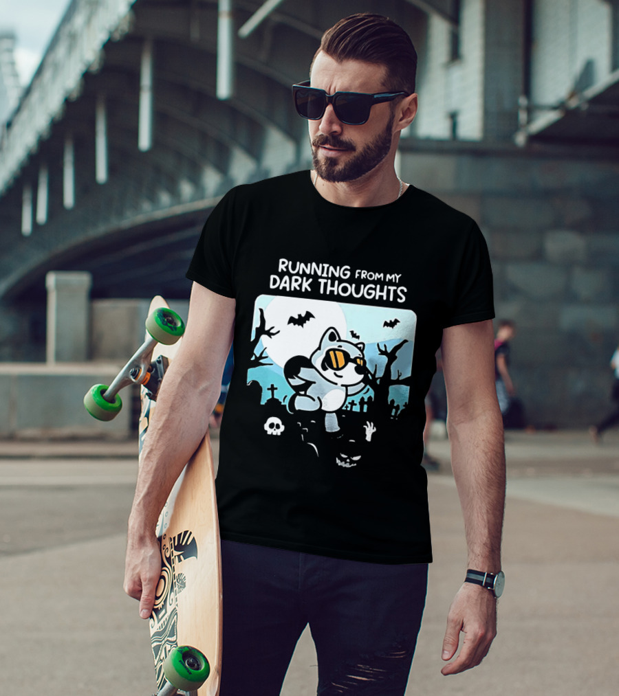 Raccoon Running From My Dark Thoughts Moonlight Bats And Graveyard Scene T-Shirt