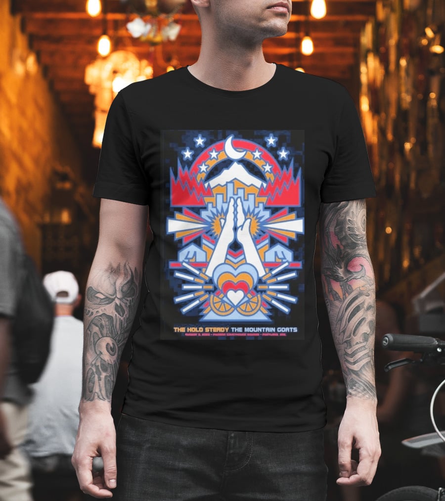 The Hold Steady The Mountain Goats Pioneer Courthouse Square Portland August 8 2026 Concert Tour Skyline Heart Hands Stars Moon Mountains T-Shirt