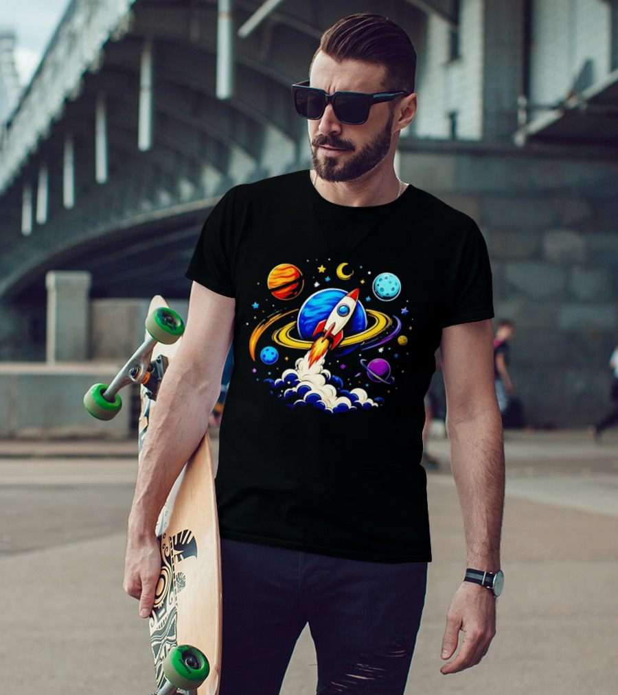 Space Rocket Launch With Vibrant Orbiting Planets And Stars T-Shirt