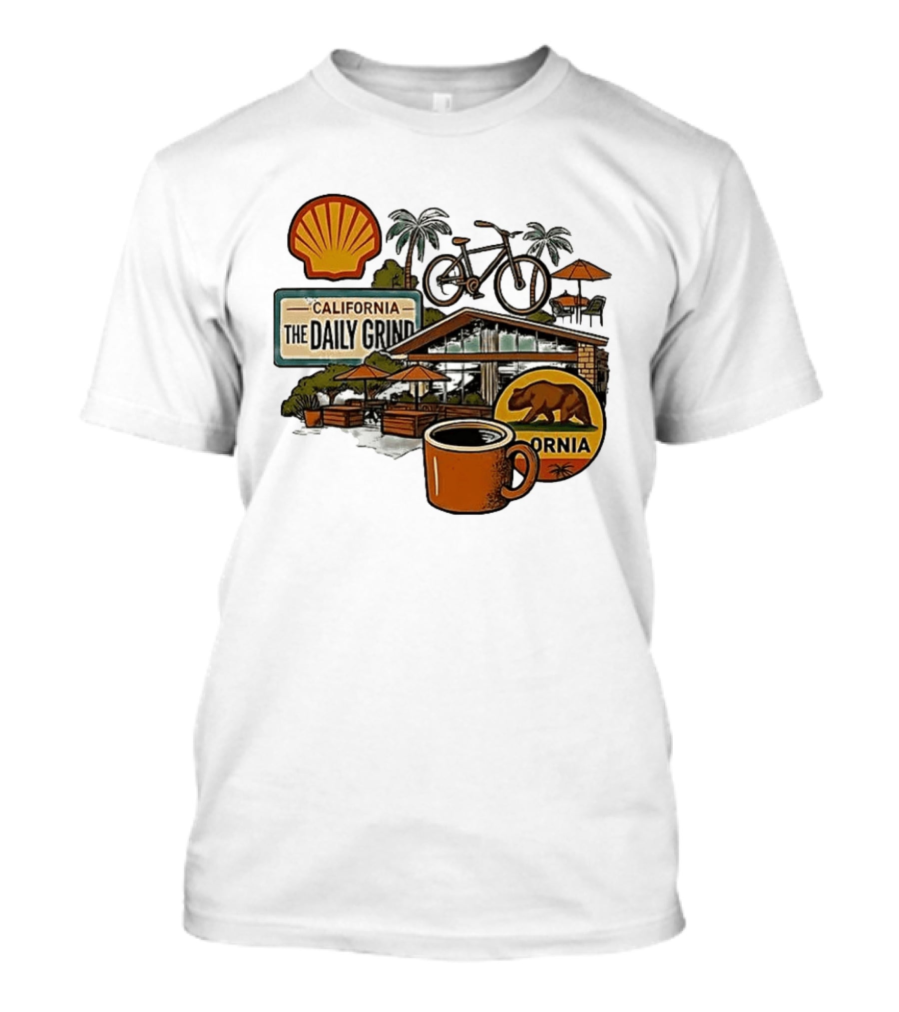 California The Daily Grind Shell Coffee Bear Bike Palms T-Shirt
