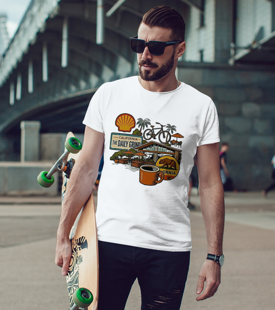 California The Daily Grind Shell Coffee Bear Bike Palms T-Shirt