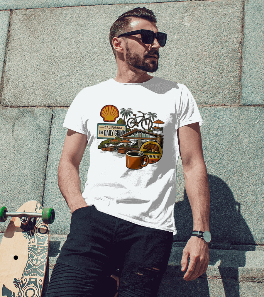 California The Daily Grind Shell Coffee Bear Bike Palms T-Shirt