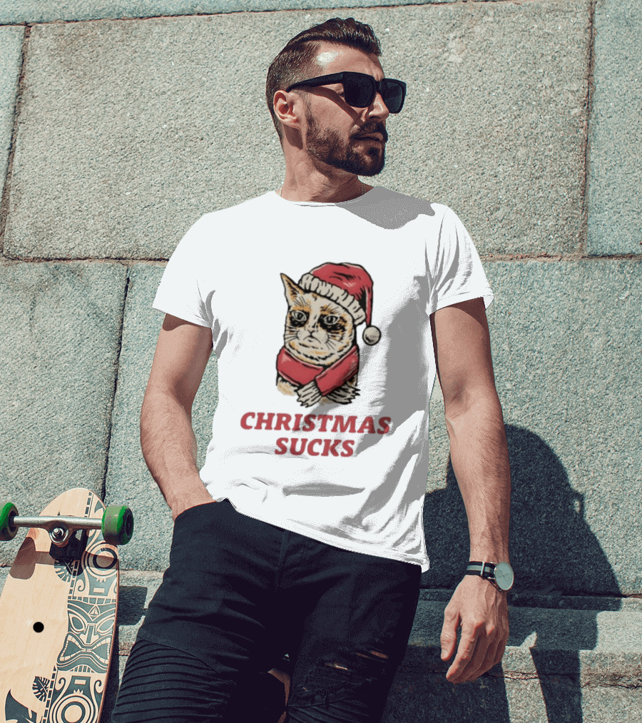 Cat Santa Hat Christmas Sucks Grumpy Humor T-Shirt